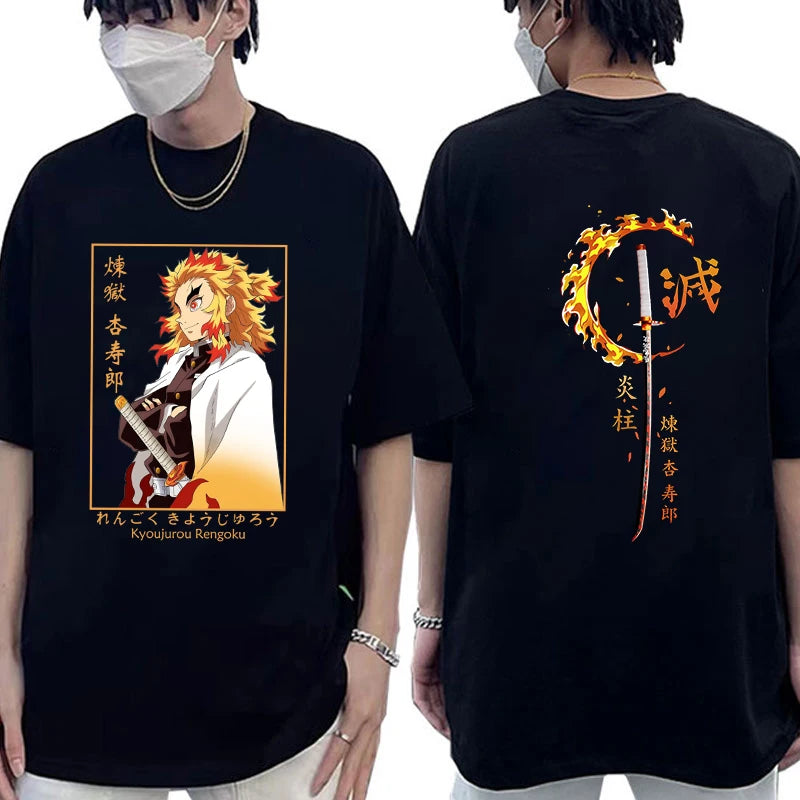 Hot New Anime Rengoku Kyoujurou Printed Men's Women's Short Sleeve Tee Shirts Round Neck Casual Unisex Tops